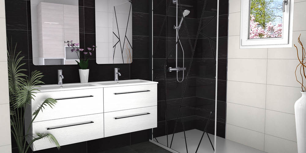 Renovation salle bain contemporain noir blanc 3d