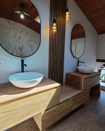 projet renovation salle bain contemporaine marbre bois S2ED Montamise 86 photo apres